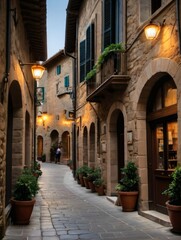 Fototapeta na wymiar Photo Of Montalcino, Tuscany, Italy, The Typical Local Wine Shops Overlook The Main Street Of The Village