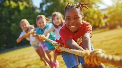 Kids play tug of war in sunny park. Summer outdoor fun activity. Group of mixed race children pull rope in school sports day. Healthy outdoor game for little boy and girl. : Generative AI