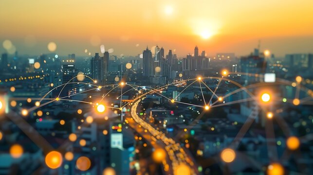 Energy Digitalization Smart city with Wireless network and Connection technology concept with Abstract Bangkok city background : Generative AI - Powered by Adobe