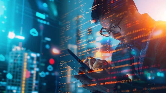 Business and technology, software development, IoT concept. Double exposure, man programmer, software developer working on digital tablet and smart city with binary, html computer code : Generative AI