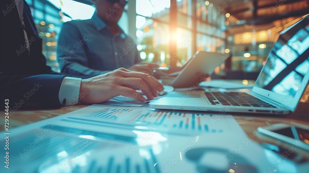 Poster Technology and financial advisory services concept. Business teamwork and working on digital laptop computer with advisor showing plan of investment to clients at table office. Digital : Generative AI