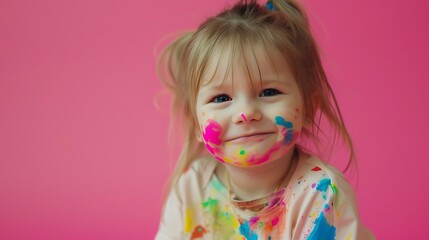 A beautiful little girl stained in multicolored paints on a pink isolated background has fun smiling. : Generative AI