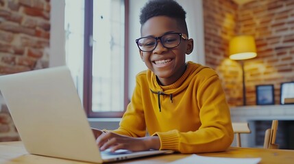 Distance education. Smiling african american child schoolboy studying online on laptop at home, sitting at table and communicating with teacher through video call on computer : Generative AI