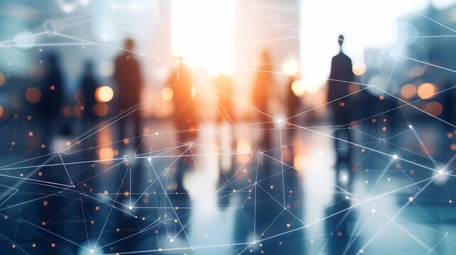 Network and internet communication concept. Silhouettes of business people in abstract city with double exposure of blurry network interface. Toned image : Generative AI