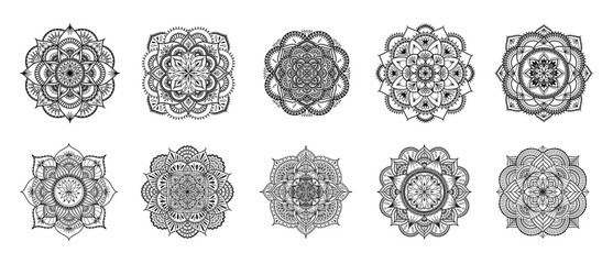 Set of Mandala for Henna, Mehndi, tattoo, decoration, coloring book. Decorative round ornaments. Ethnic Oriental Circular ornament vector. Anti-stress therapy drawing