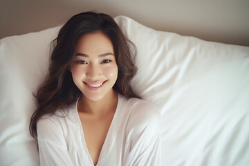 Obraz na płótnie Canvas Young Asian woman in serene smile, wearing white relax pajamas against a plain white background. Generative AI.