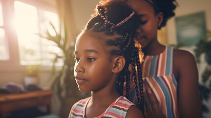 Young African girl braiding sister's hair at home while enjoying time together. Black healthy afro hair culture and Style. : Generative AI