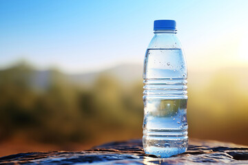 Mineral water bottle against a lush forest backdrop.