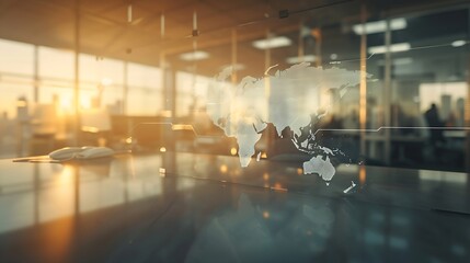 Fototapeta premium Multi exposure of abstract graphic world map hologram on a modern furnished office interior background, connection and communication concept : Generative AI