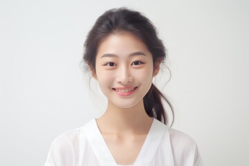 Young Asian woman in serene smile, wearing white relax pajamas against a plain white background. Generative AI.