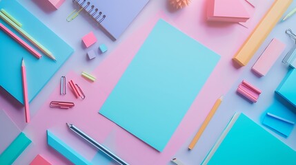 Blank note and stationery. School, creative, abstract flat lay desktop. : Generative AI