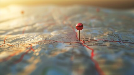 Location marking with a pin on a map with routes. Find your way. Adventure, discovery, navigation,...