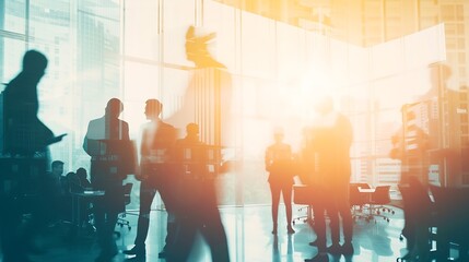 Double exposure image of faded business abstract background with office building and people conference group meeting showing partnership success of business deal. : Generative AI