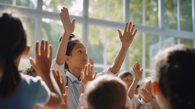 School, tutor and students raise their hands to ask or answer an academic question for learning. Diversity, education and primary school kids speaking to their woman teacher in the cla : Generative AI