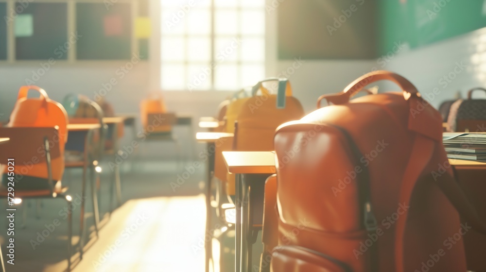 Poster interior of stylish empty classroom with backpacks and stationery : generative ai