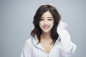Obraz premium Serene young lady of Asian descent dons comfortable white loungewear, exuding a peaceful expression against a backdrop of pure white. Generative AI.