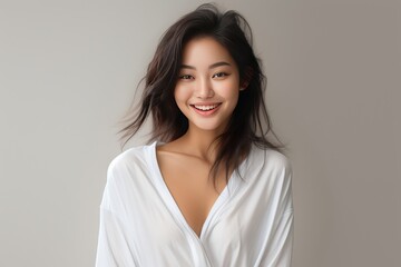 Obraz premium Serene young lady of Asian descent dons comfortable white loungewear, exuding a peaceful expression against a backdrop of pure white. Generative AI.