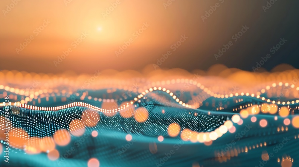Poster Smart city and abstract dot point connect with gradient line and aesthetic Intricate wave line design , big data connection technology concept . : Generative AI
