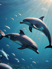 Photo Of Dolphins Swimming In An Ocean Filled With Microplastics And Plastic Waste, Ocean Water Pollution Concept, 3D Illustration