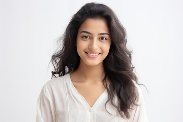 Fototapeta premium Serene young lady of Asian descent dons comfortable white loungewear, exuding a peaceful expression against a backdrop of pure white. Generative AI.