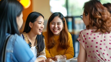 A diverse group of Asian women friends sit around a table to talk, gossip and chat. They are from multiple ethnicities and are smiling and laughing as they converse in a relaxed, easy  : Generative AI - obrazy, fototapety, plakaty