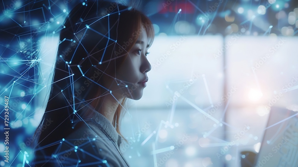 Aufkleber Digital technology, internet network connection, big data, digital marketing IoT internet of things. Woman using modern computer surfing internet futuristic metaverse, innovative techn : Generative AI