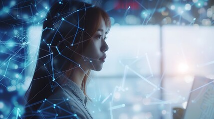 Digital technology, internet network connection, big data, digital marketing IoT internet of things. Woman using modern computer surfing internet futuristic metaverse, innovative techn : Generative AI