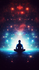 Fototapeta na wymiar A meditating human silhouette in yoga lotus pose. Galaxy universe background.