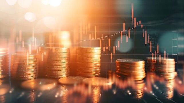Double exposure image of coin stacks on technology financial graph background.Economy trends background for business ,financial meltdown ,Cryptocurrency digital economy. : Generative AI