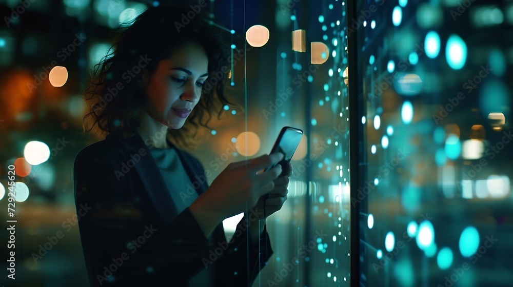 Poster woman, tech overlay and phone in night at office for finance research, data analytics or digital job