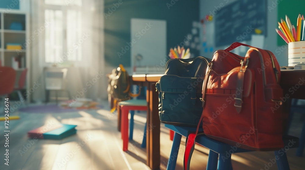 Poster interior of stylish empty classroom with backpacks and stationery : generative ai