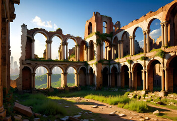 Fototapeta premium City Ruins. Urban. Destruction. Apocalypse. Abandoned. Post-Apocalyptic. Desolate. Decay. Wasteland. Disaster. Ruined Buildings. Broken. Devastation. Urban Landscape. Destruction Concept. AI Generated