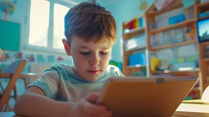 A child with technology tablet and laptop computer in classroom teacher on the background : Generative AI
