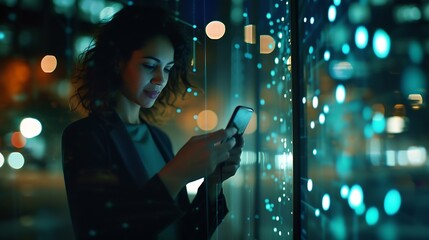 Woman, tech overlay and phone in night at office for finance research, data analytics or digital job. Cybersecurity expert, fintech or focus in dark workplace with 3d hologram abstract : Generative AI