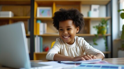 Distance education. Smiling african american child schoolboy studying online on laptop at home, sitting at table and communicating with teacher through video call on computer : Generative AI