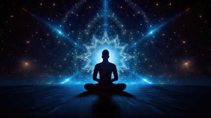 Fototapeta premium A meditating human silhouette in yoga lotus pose. Galaxy universe background.