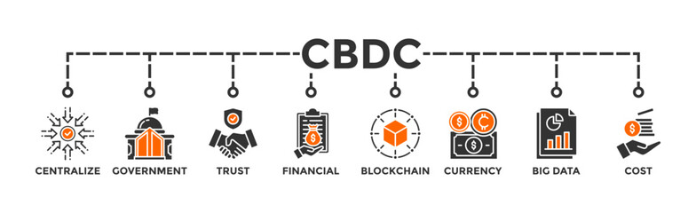 CBDC banner web icon vector illustration concept of central bank digital currency with icons of centralize, government, trust, financial, blockchain, currency, big data and cost