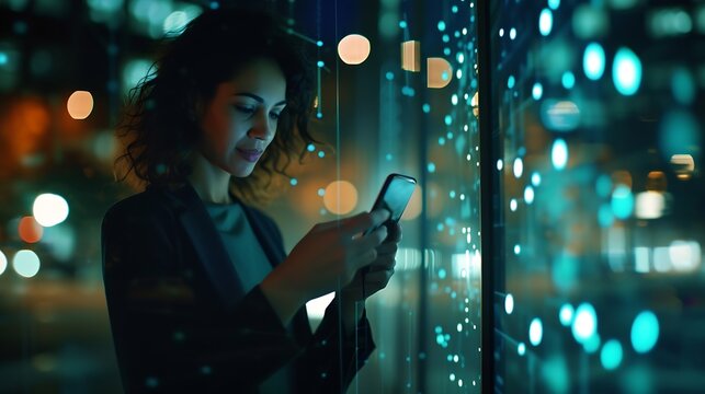Woman, tech overlay and phone in night at office for finance research, data analytics or digital job. Cybersecurity expert, fintech or focus in dark workplace with 3d hologram abstract : Generative AI