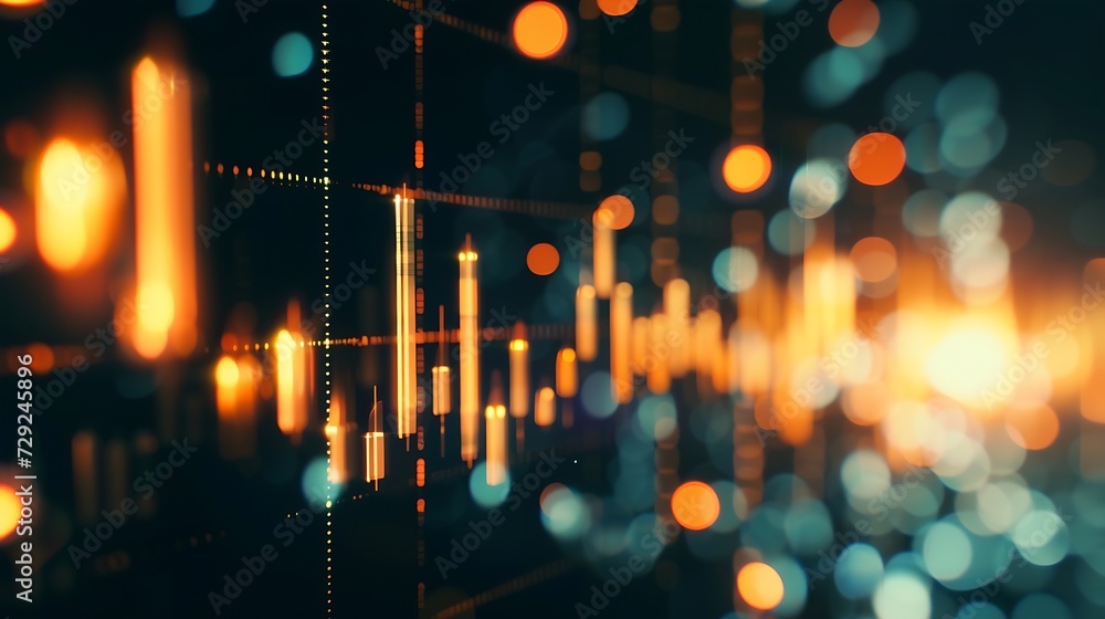 Poster Business statistics and Analytics value . Abstract glowing forex chart interface background. Investment, trade, stock, finance and analysis concept. : Generative AI