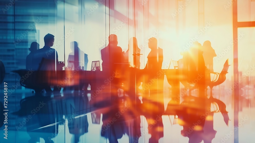 Poster double exposure image of faded business abstract background with office building and people conferen