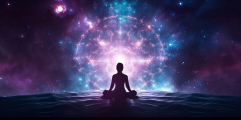 A meditating human silhouette in yoga lotus pose. Galaxy universe background.