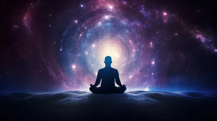 Foto op Canvas A meditating human silhouette in yoga lotus pose. Galaxy universe background. © Wararat
