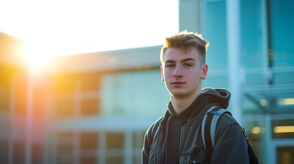 Fototapeta premium Young student in front of university building looking at camera. : Generative AI