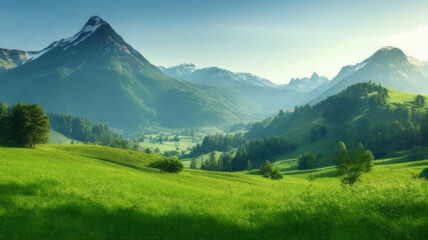 Fototapeta premium Very beautiful mountain and natural views in the morning, with nice green grass