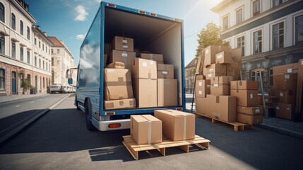 A truck full of moving boxes and furniture. Moving service concept. - obrazy, fototapety, plakaty