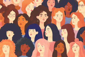 Captivating illustration of a diverse group of women showcasing different hairstyles and expressions with a warm, pastel-toned background.
