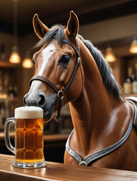 Photo Of Illustration Of A Horse Standing Behind A Bar Counter, Drinking A Beer From A Stein