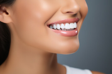 Obraz premium Beautiful smile of young fresh woman with great healthy white teeth. Closeup.