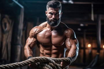Muscular man engages in intense training by pulling a heavy rope in a cross-training gym.