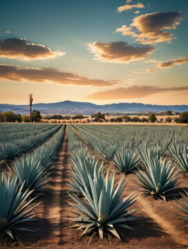 Photo Of Field Of Agave, Old Fashioned Retro Scenery Harvesting To Make Tequila, Drawn By Hand And Engraved, Woodcut Design, Menu Or Poster Illustration In, Mat